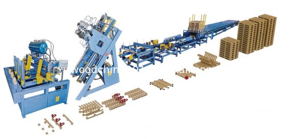 Euro Holzblock Palettenmachmaschine 4 Stringer mit Stacker Paletten Nagelmontage-System